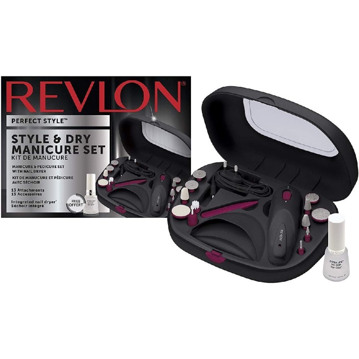 REVLON Style/Dry Set Manucure Pédicure avec Séchoir Intégré/Cadeau Vernis Top Coat