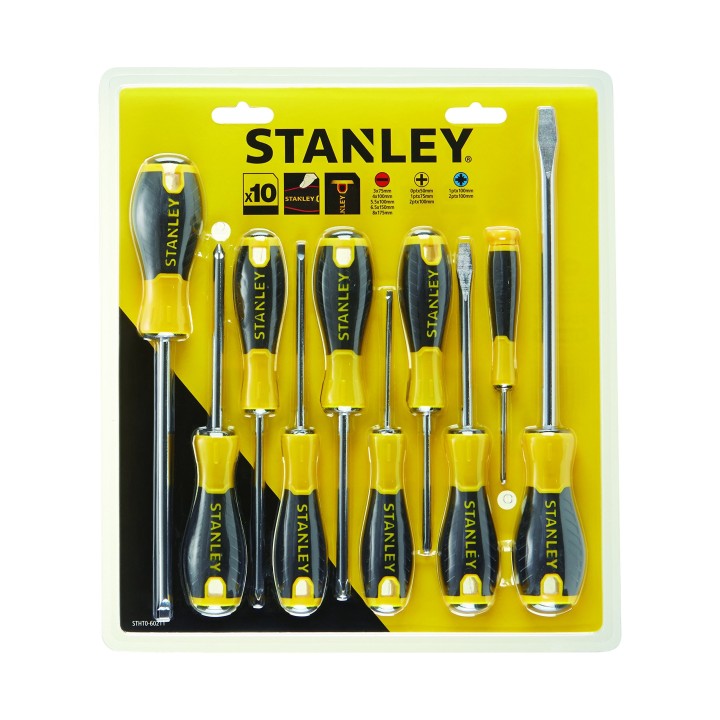 STANLEY Jeu de 10 Tournevis Standard Phillips, Pozidriv, Tête Plate en Acier au Chrome-Vanadium Résistent et Poignée Ergonomique
