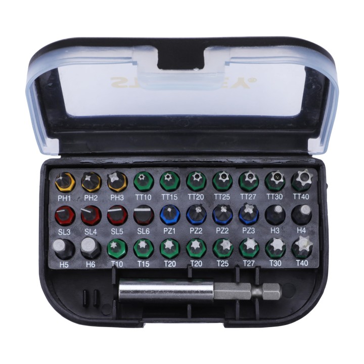 STANLEY STA60490-XJ Coffret Boîte compacte 30 vissage de 25 mm avec la présence d'un Code Couleur + 1 Porte-Embout, Noir