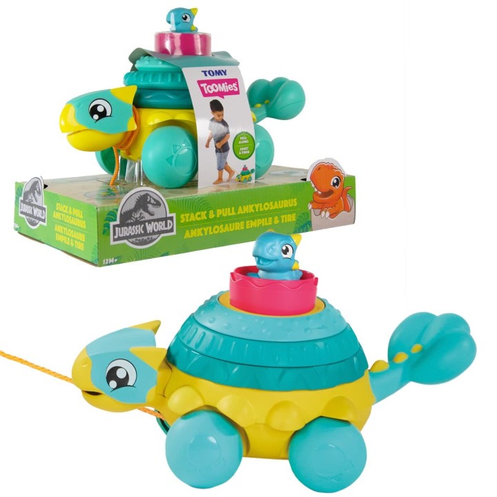 Tomy E73410 Toomies Jouet Jurassic World Ankylosaure empile & tire, Jouet Dinosaure pour tout-petits, jeu d'éveil bébé, Convient