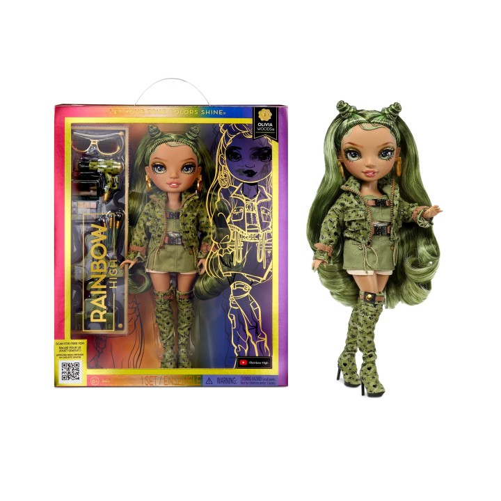 RAINBOW HIGH Poupée Mannequin - Olivia Woods - Poupée Vert Camouflage - Tenue à la Mode et Plus de10 Accessoires de Jeu Colorés 