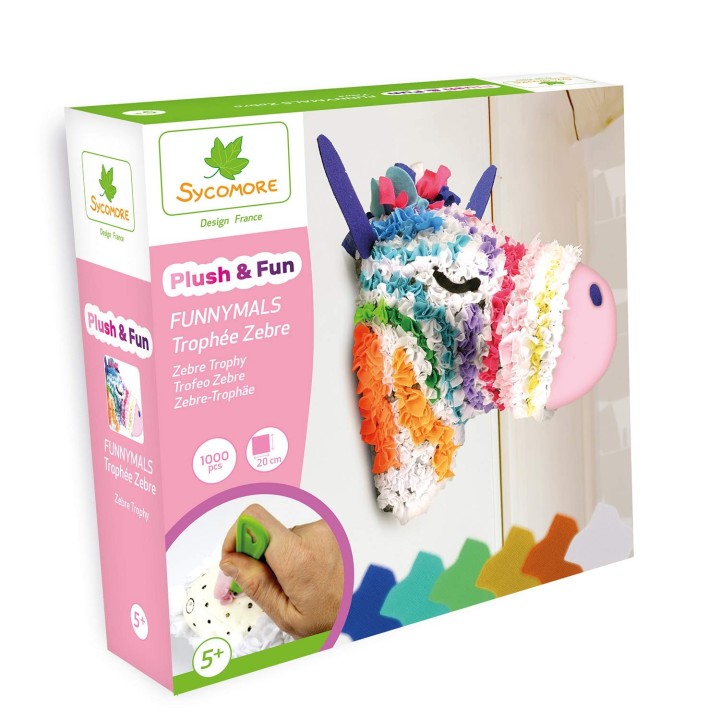 SYCOMORE- Kit de Loisir créatif Enfant-Funnymals Zèbre-Trophée 3D à customiser-DIY-Plush & Fun-Dès 5 ans-Sycomore-CRE8022, CRE80