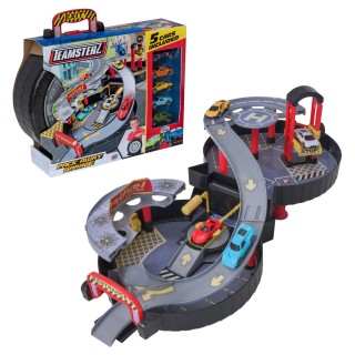 Teamsterz Garage pliable à 2 niveaux | Ensemble de jeu de voiture avec lave-auto, piste et ascenseur | Étui de transport facile 