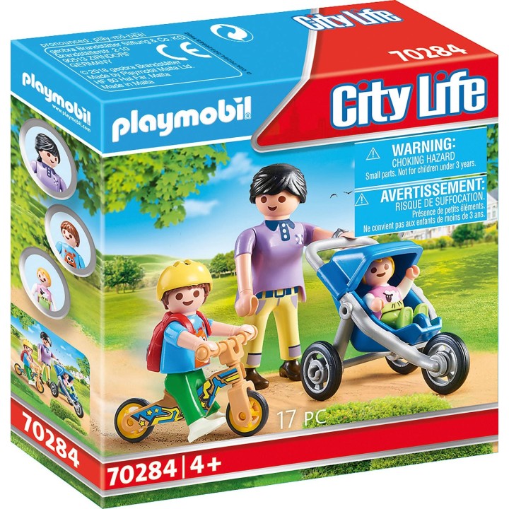Playmobil 70284 Maman avec Enfants - City Life - avec Trois Personnages, Un Buggy de Sport, Un vélo d'apprentissage, Un Casque e
