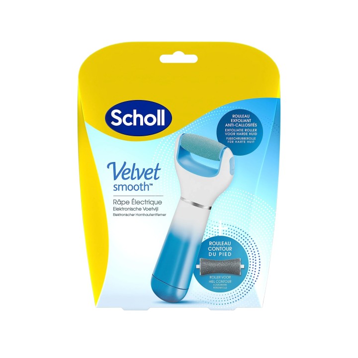 Scholl Râpe Pieds Electrique Velvet Smooth Rouleau Exfoliant et Anti-Callosités avec Recharge Contour du Pied et Piles Incluses