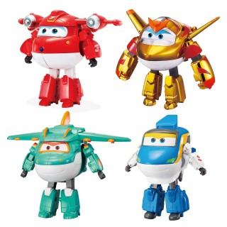 Super Wings 5" Transforming Character 4 Pack | Supercharged Jett, Golden Boy, Tony and Tino, Toys for 3+ Year Old Boy Girl, Mult