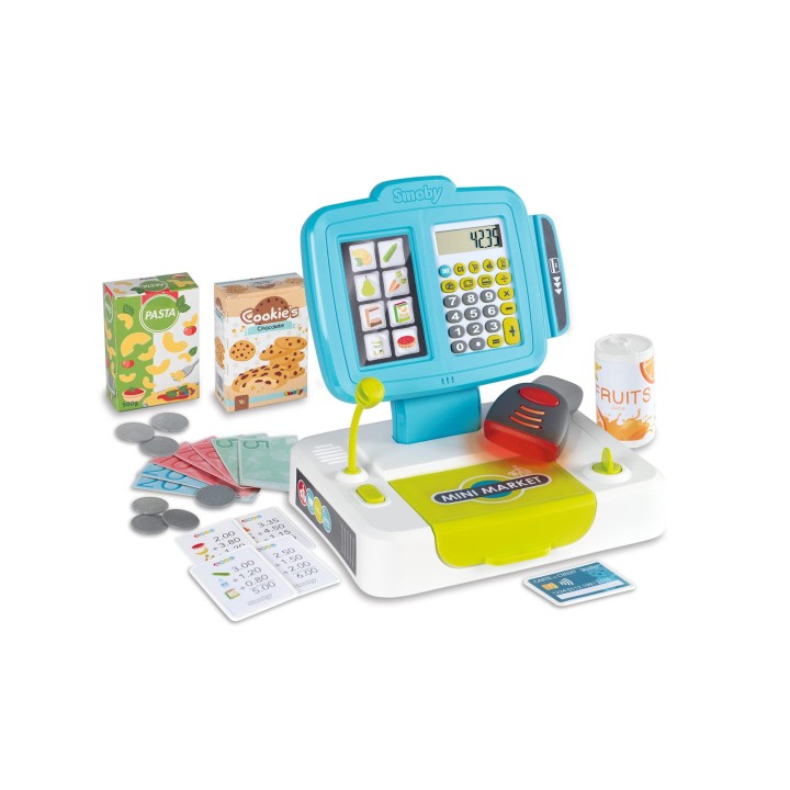 Smoby - Petite Caisse Enregistreuse - 30 plus Accessoires - Vraie Calculatrice + Scanner Son et Lumière - 350104 coloris aléatoi
