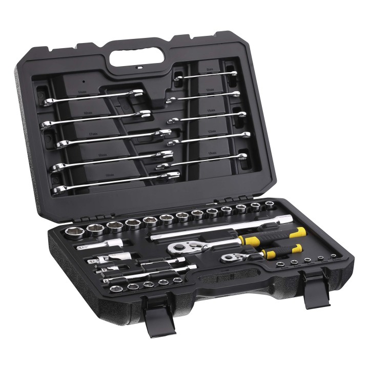 Stanley STMT82832-1 Coffret De Douilles ¼’’ + ½’’ + Clés Mixtes + Cliquet 72 Dents 1/4" Et Cliquet 72 Dents 1/2" - Coffret Compa