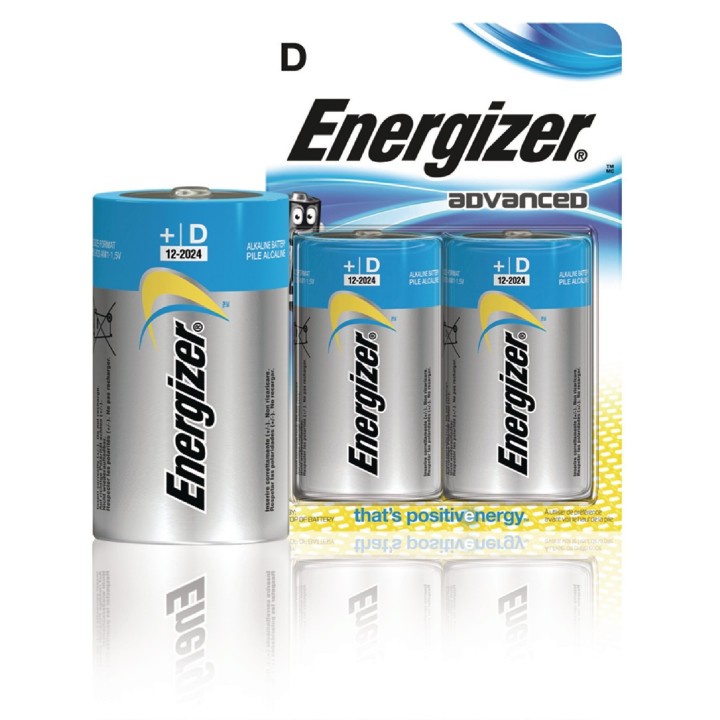 pile alcaline energizer advanced - lr20 - 1.5 volts - blister de 2 piles
