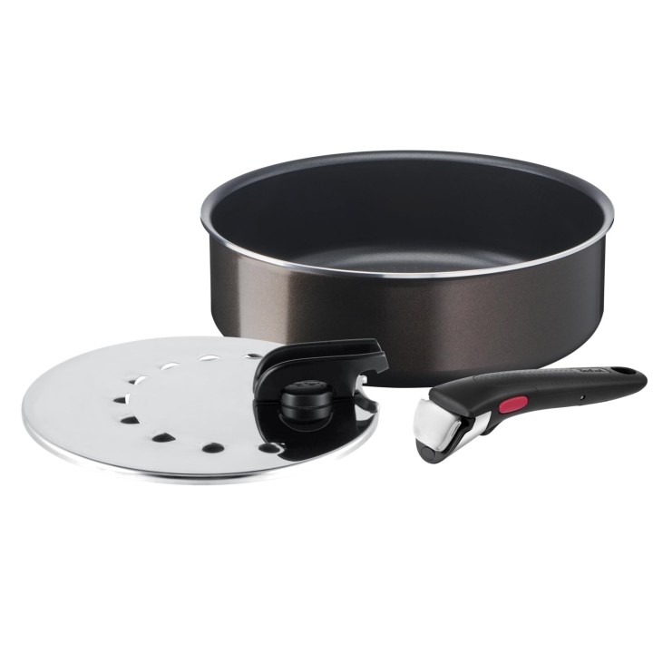 Tefal Ingenio Lot de 3 pièces, Sauteuse 24 cm, Couvercle anti-projection 20/26 cm, Poignée amovible, Non induction, Revêtement a