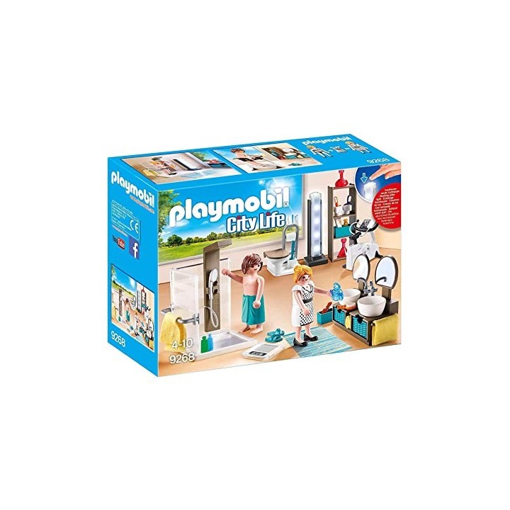 Playmobil 9268 Salle de Bain avec Douche à l'italienne - City Life - avec Deux Personnages, Une Douche, Un WC et Deux lavabos et