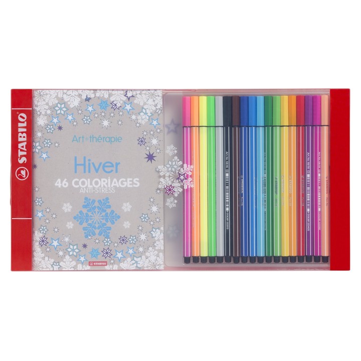 Stabilo Pen 68 Coffret de 18 Feutres à dessin coloriage avec Carnet de 46 coloriages anti-stress Couleurs Assorties