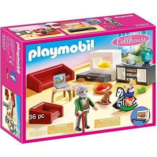 Playmobil 70207 Salon avec cheminée - Dollhouse - avec Deux Personnages, Une cheminée, canapé-lit, Fauteuil et Buffet - pour amé