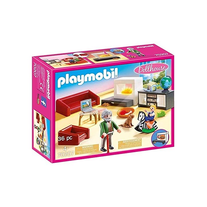 Playmobil 70207 Salon avec cheminée - Dollhouse - avec Deux Personnages, Une cheminée, canapé-lit, Fauteuil et Buffet - pour amé